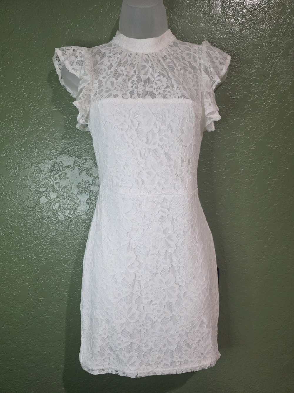 Lulu's White Floral Lace Mini Dress with Ruffle Cap Sleeves